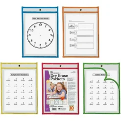 Charles Leonard Dry Erase Pocket Class Pack, Heavy-Duty, Side Load 9 x 12 Insert, Clear Front, Assorted Border Colors, 10/Pack