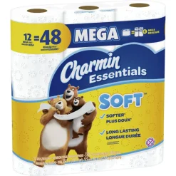 Charmin Essentials 2-Ply Soft Mega Toilet Paper Rolls, 15” x 5-1/4”, White, 330 Sheets Per Roll, Pack Of 12 Rolls