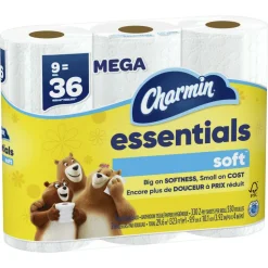 Charmin Essentials Soft Mega 2-Ply Toilet Paper Rolls, 4" x 4-1/2", 330 Sheets Per Roll, White, Pack Of 9 Rolls