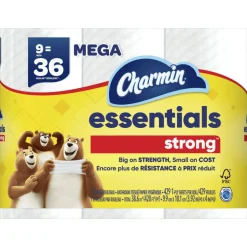Charmin Essentials Strong Mega 2-Ply Toilet Paper Rolls, 4" x 4-1/2", White, 429 Sheets Per Roll, Pack Of 9 Rolls