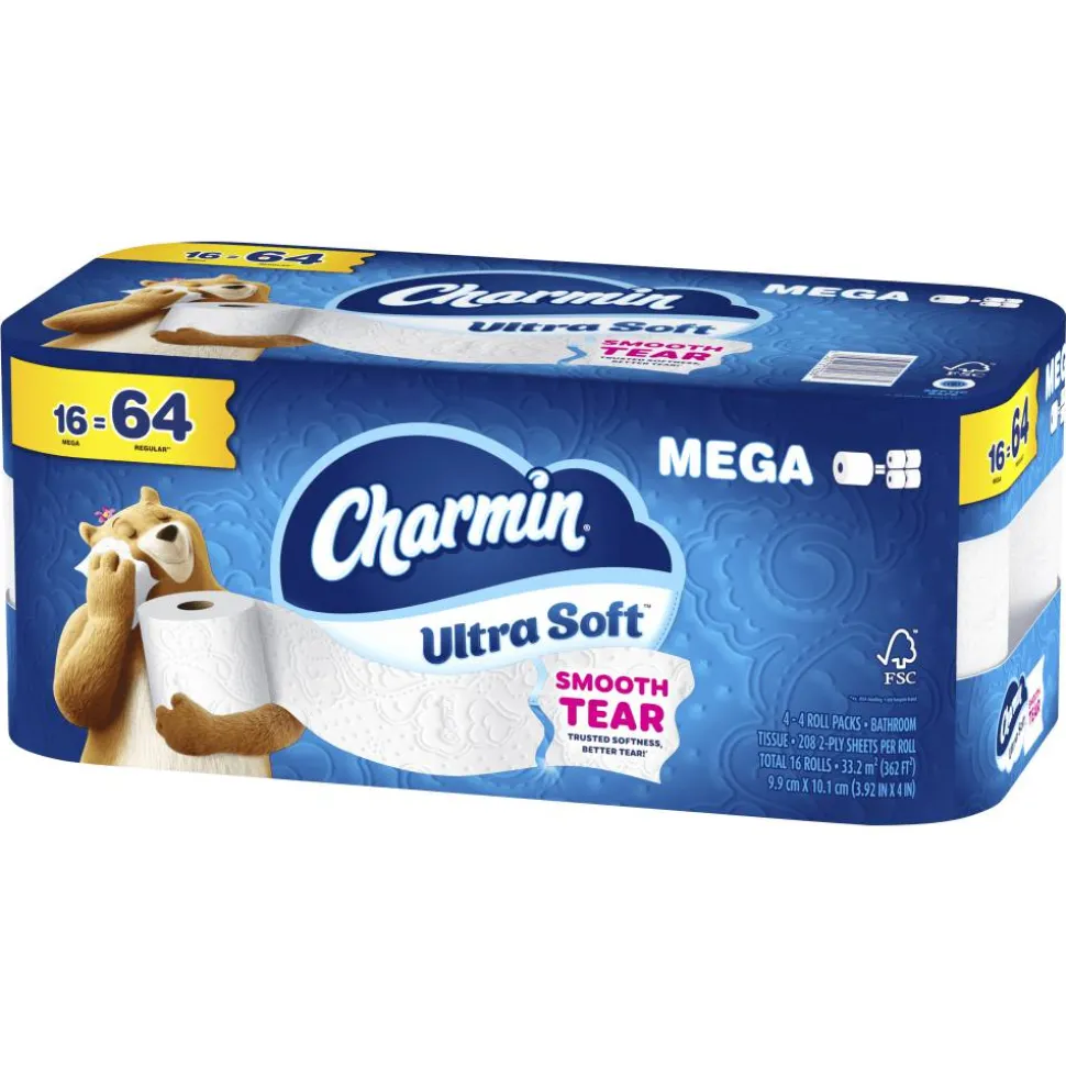 Charmin Ultra Soft 2-Ply Toilet Paper Mega Rolls, 208 Sheets Per Roll/69', Pack Of 16 Rolls