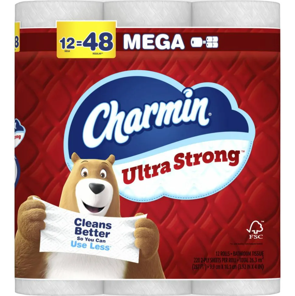 Charmin Ultra Strong Toilet Paper Mega Rolls, 4” x 3-15/16”, White, 220 Sheets Per Roll, Pack Of 12 Mega Rolls