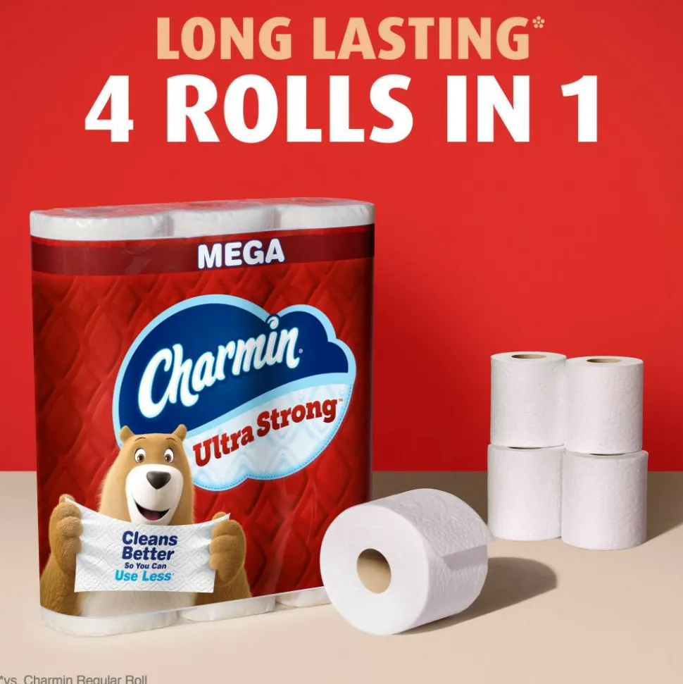 Charmin Ultra Strong Toilet Paper Mega Rolls, 4” x 3-15/16”, White, 220 Sheets Per Roll, Pack Of 12 Mega Rolls