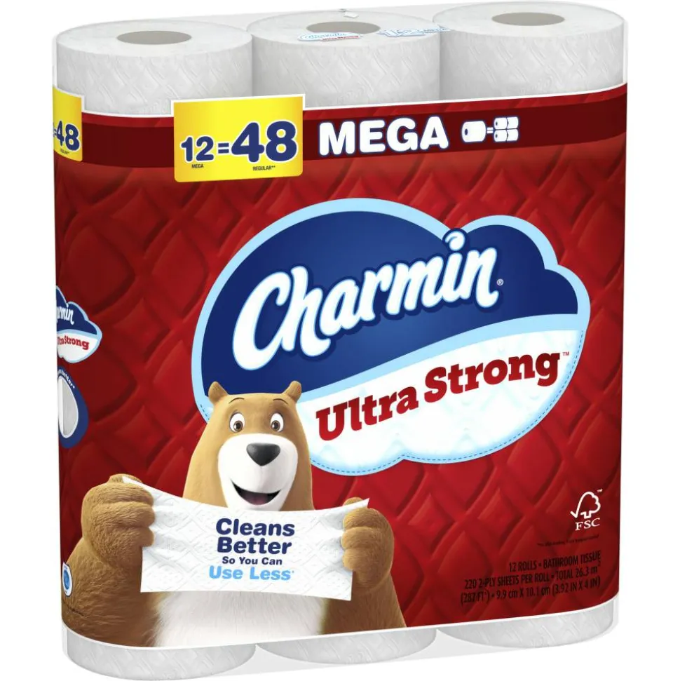 Charmin Ultra Strong Toilet Paper Mega Rolls, 4” x 3-15/16”, White, 220 Sheets Per Roll, Pack Of 12 Mega Rolls
