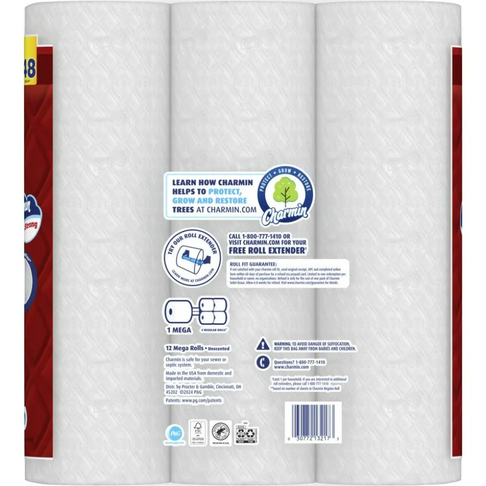 Charmin Ultra Strong Toilet Paper Mega Rolls, 4” x 3-15/16”, White, 220 Sheets Per Roll, Pack Of 12 Mega Rolls