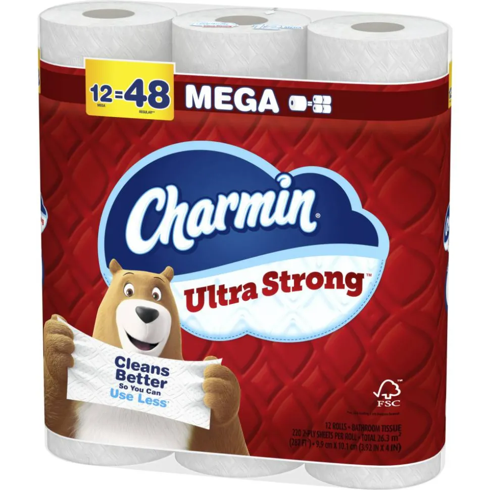 Charmin Ultra Strong Toilet Paper Mega Rolls, 4” x 3-15/16”, White, 220 Sheets Per Roll, Pack Of 12 Mega Rolls