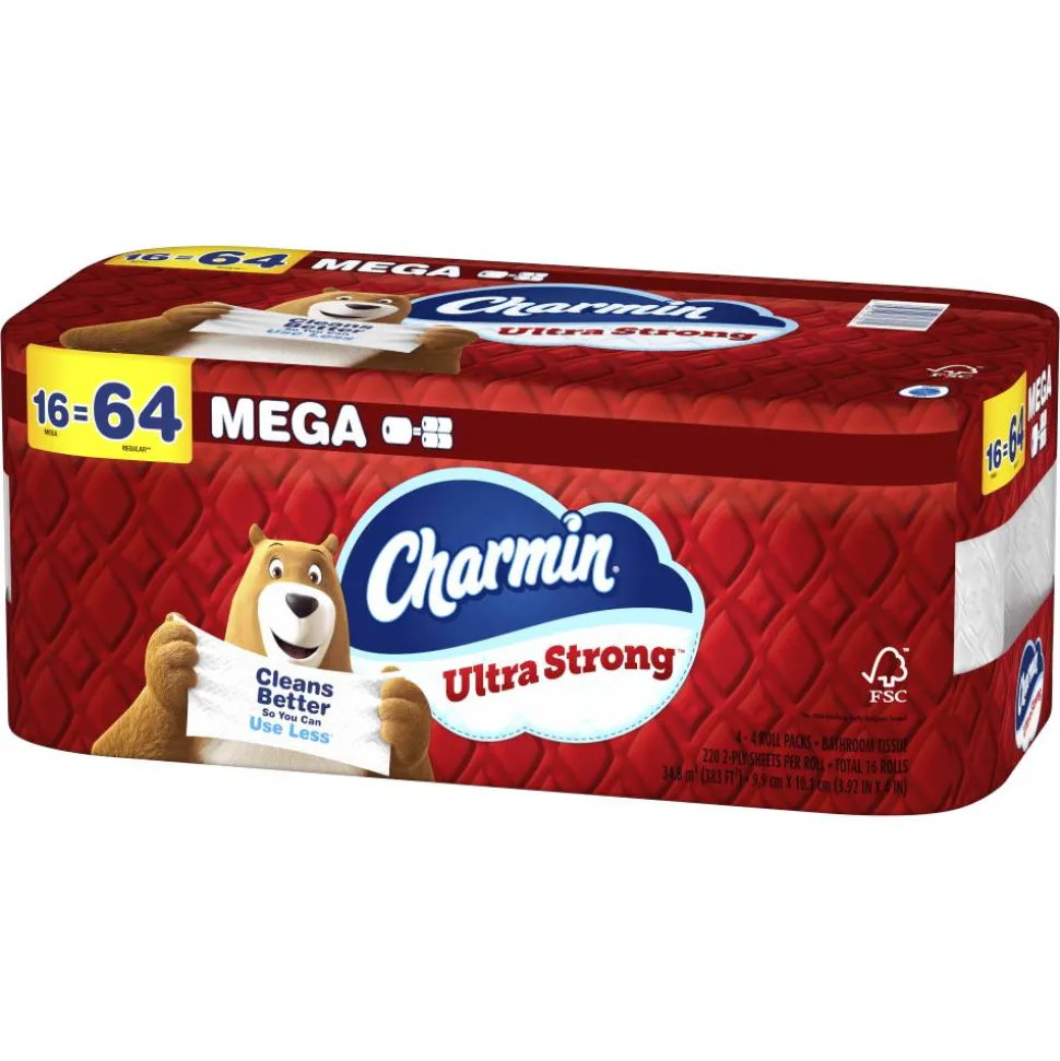 Charmin Ultra Strong Toilet Paper Mega Rolls, 4” x 3-15/16”, White, 220 Sheets Per Roll, Pack Of 16 Mega Rolls