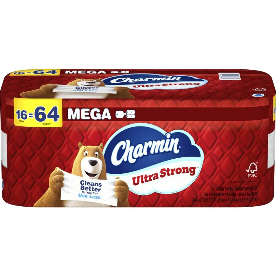 Charmin Ultra Strong Toilet Paper Mega Rolls, 4” x 3-15/16”, White, 220 Sheets Per Roll, Pack Of 16 Mega Rolls