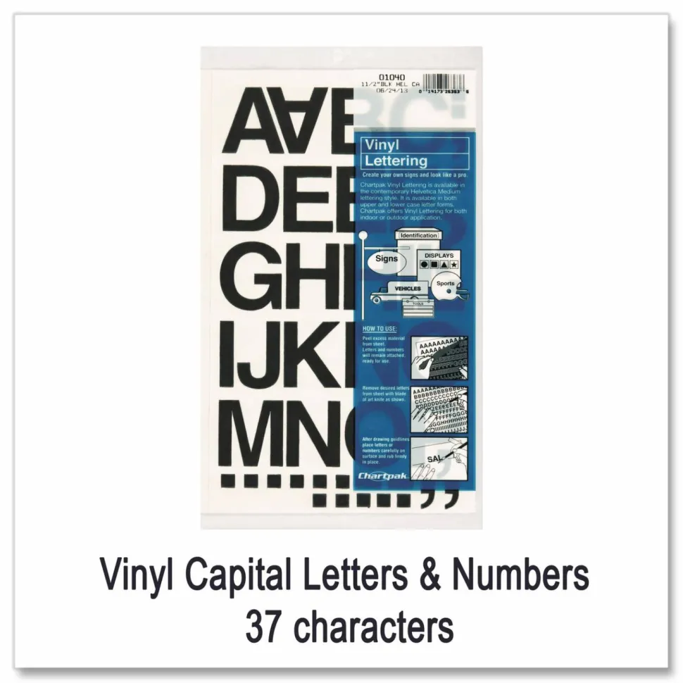 Chartpak Vinyl Helvetica Style Letters/Numbers - 10, 35 (Numbers, Capital Letter, Symbols) Shape - Self-adhesive - 1.50" - Black - Vinyl - 1 / Pack