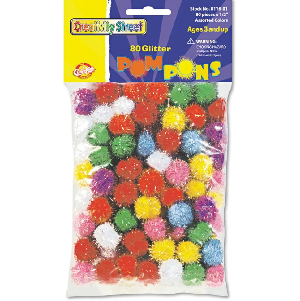 Chenille Kraft Creativity Street Glitter Pompons, 1/2", Assorted Colors, Pack Of 80