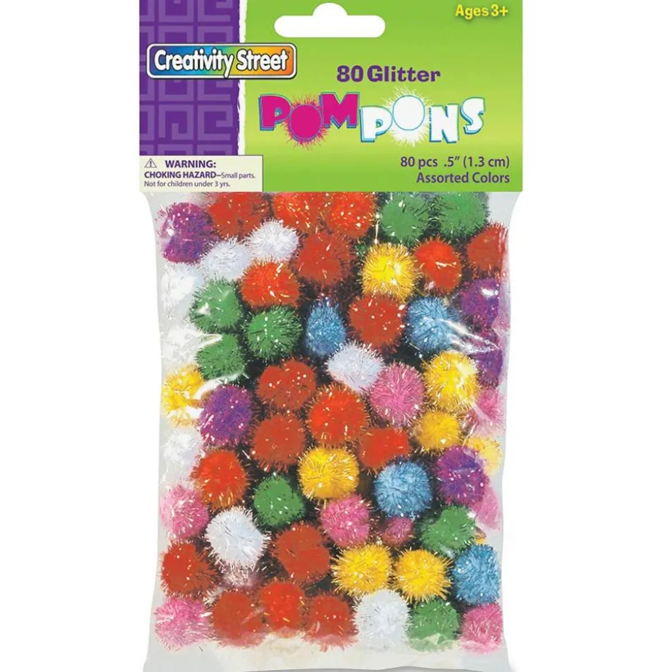 Chenille Kraft Creativity Street Glitter Pompons, 1/2", Assorted Colors, Pack Of 80
