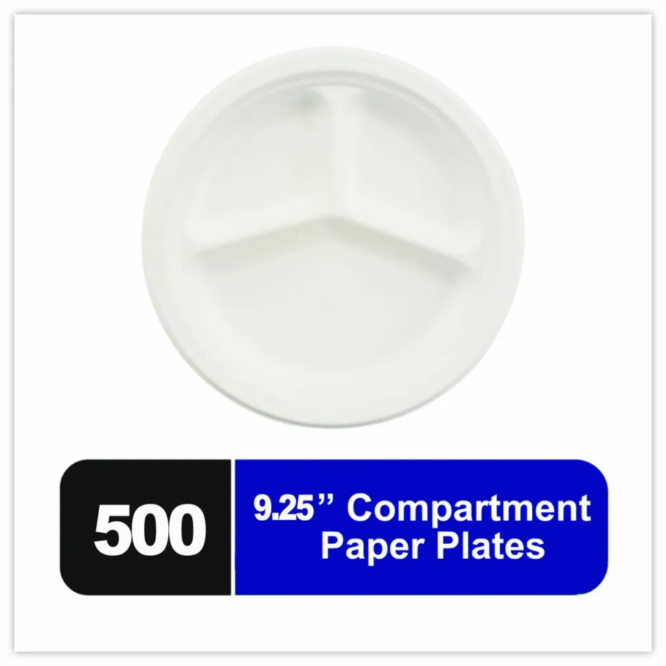 Chinet Paper Dinnerware, 3-Compartment Plate, 9.25" dia, White, 500/Carton