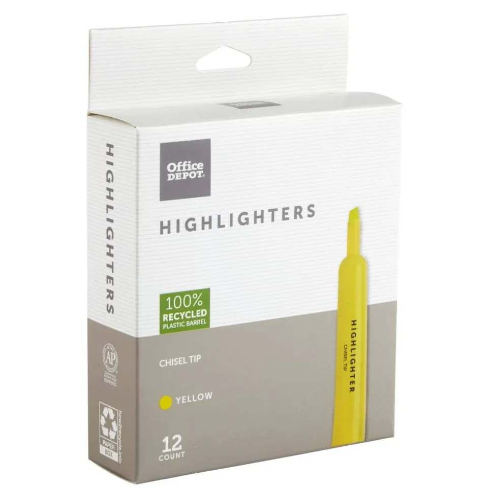 Chisel-Tip Highlighters, 100% Recycled Plastic Barrel, Fluorescent Yellow, Pack Of 12