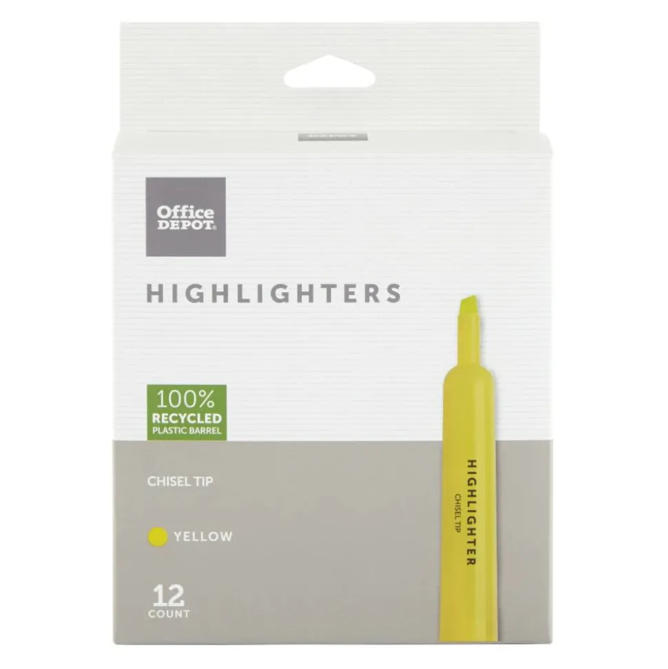 Chisel-Tip Highlighters, 100% Recycled Plastic Barrel, Fluorescent Yellow, Pack Of 12