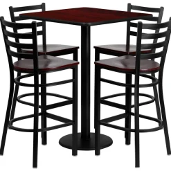 Clark 30'' Square Mahogany Laminate Table Set with 4 Ladder Back Metal Barstools - Mahogany Wood Seat