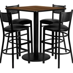 Clark 36'' Square Walnut Laminate Table Set with 4 Grid Back Metal Barstools - Black Vinyl Seat