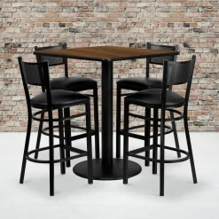 Clark 36'' Square Walnut Laminate Table Set with 4 Grid Back Metal Barstools - Black Vinyl Seat