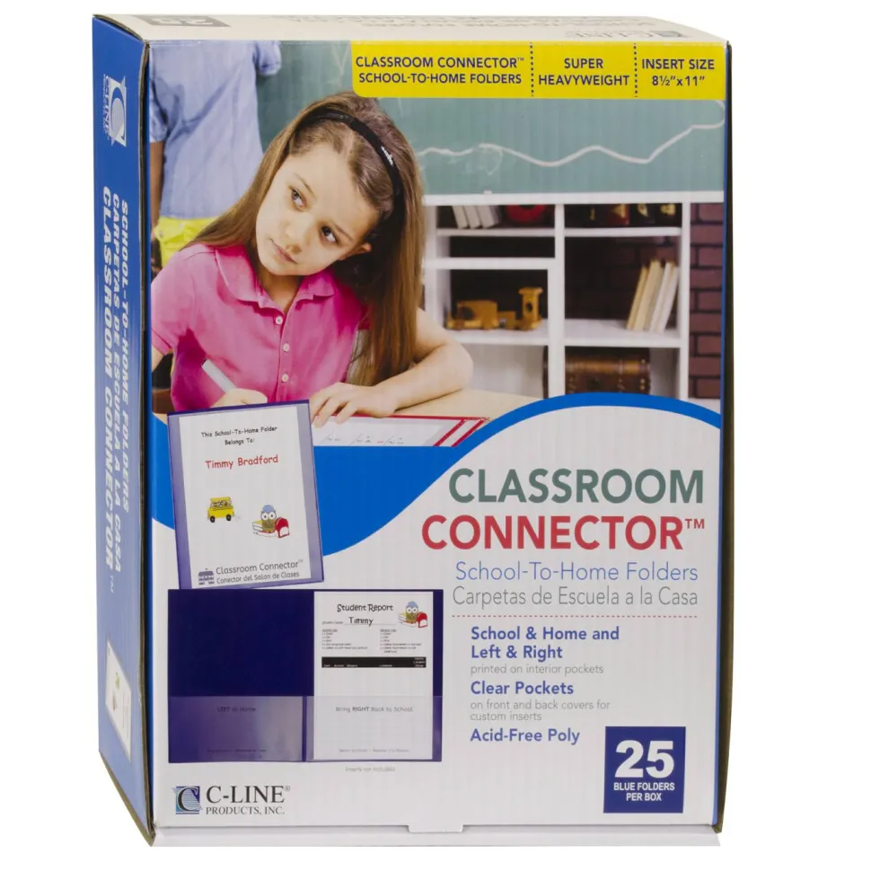 C-Line Classroom Connector Folders, Accommodates 11 x 8.5 Sheets, Blue, 25/Box