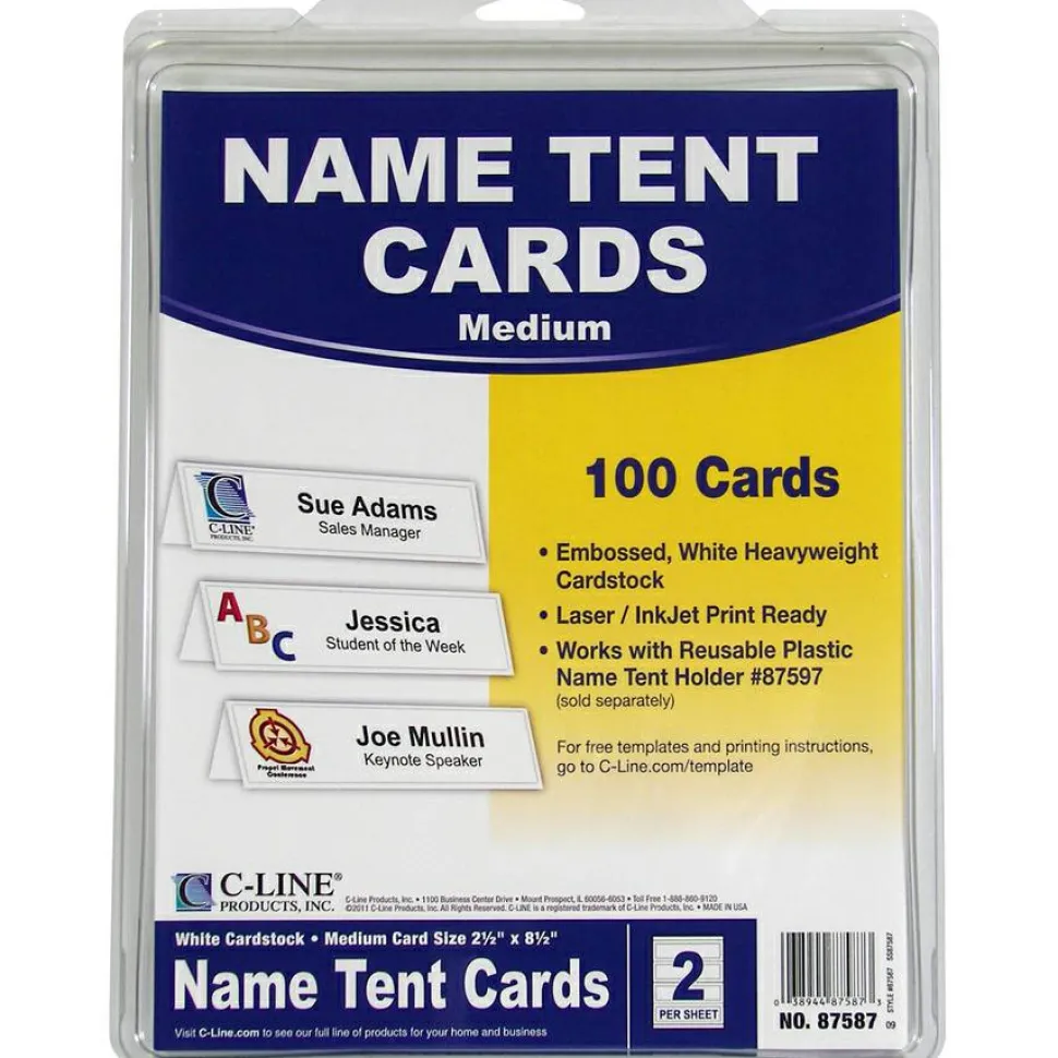C-Line Embossed Cardstock Name Tents - Letter - 8 1/2" x 11" - White - 100 / Box