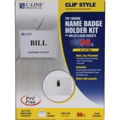 C-Line Name Badge Kits, Top Load, 4 x 3, Clear, Clip Style, 96/Box