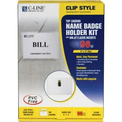 C-Line Name Badge Kits, Top Load, 4 x 3, Clear, Clip Style, 96/Box