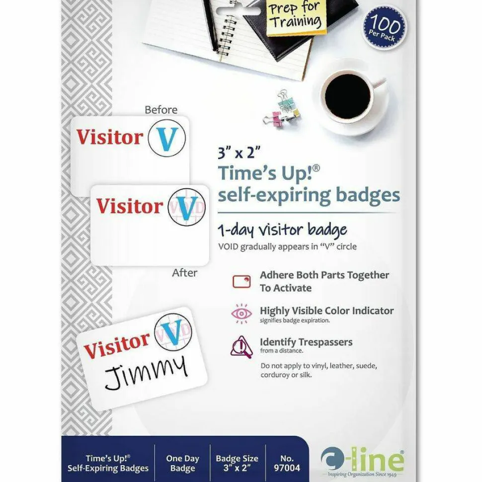 C-Line Time's Up! Self-Expiring Visitor Badges, One-Day Badge, 3" x 2", White, 100/Box