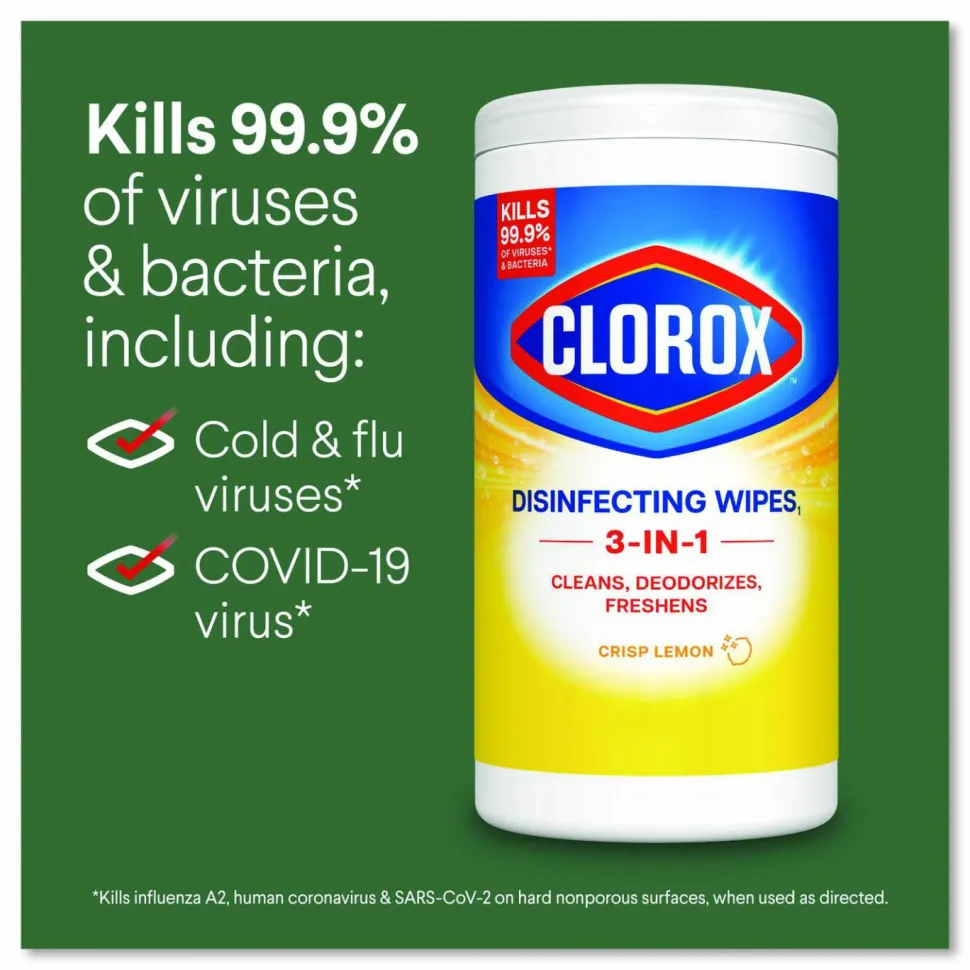 Clorox Disinfecting Wipes, Bleach Free Cleaning Wipes, 1-Ply, 7 x 8, Crisp Lemon, White, 35/Canister, 12 Canisters/Carton