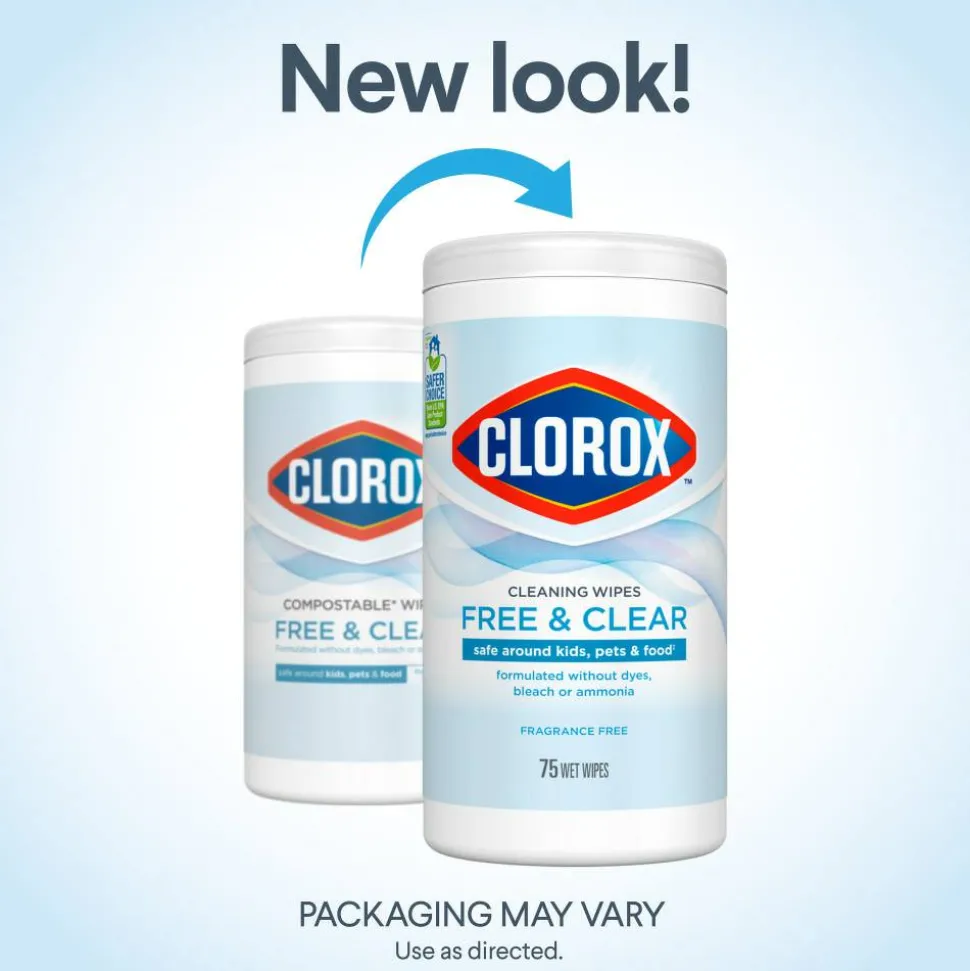 Clorox Free & Clear Cleaning Wipes, Fragrance Free, 75 Wipes Per Canister