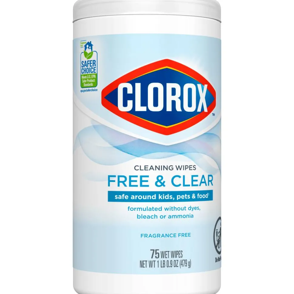 Clorox Free & Clear Cleaning Wipes, Fragrance Free, 75 Wipes Per Canister