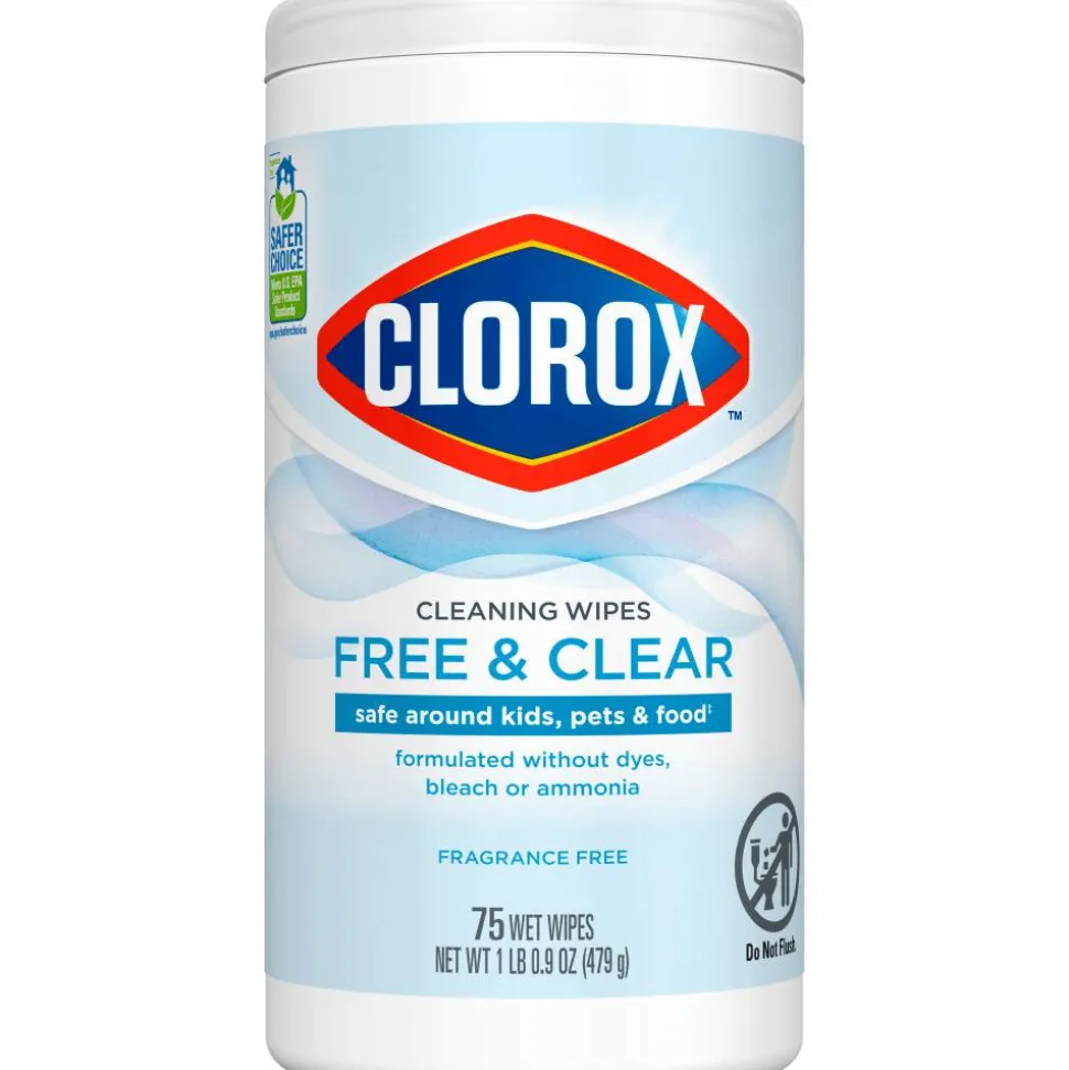 Clorox Free & Clear Cleaning Wipes, Fragrance Free, 75 Wipes Per Canister