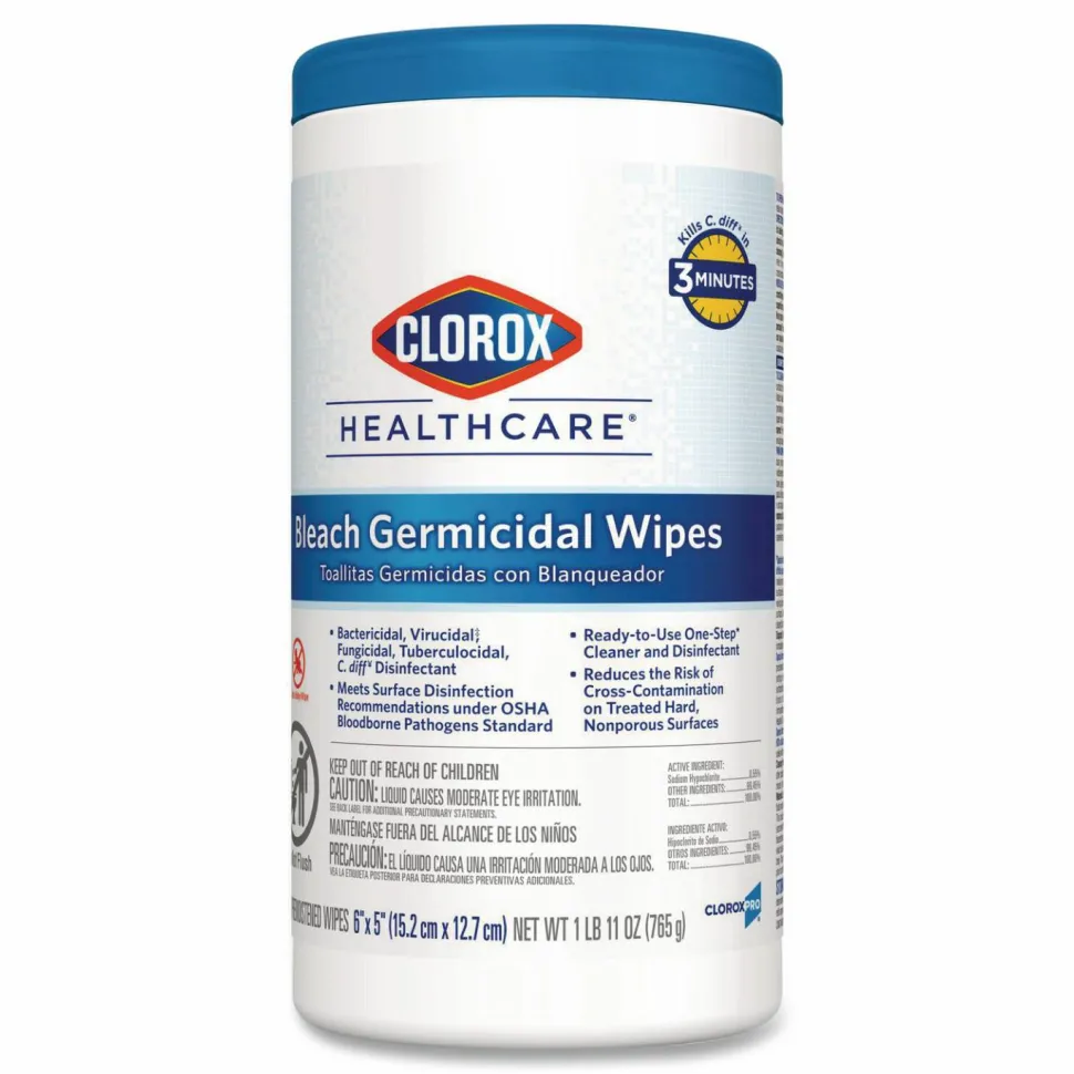 Clorox Healthcare Bleach Germicidal Wipes, 150 Wipes Per Canister, Case Of 6 Canisters