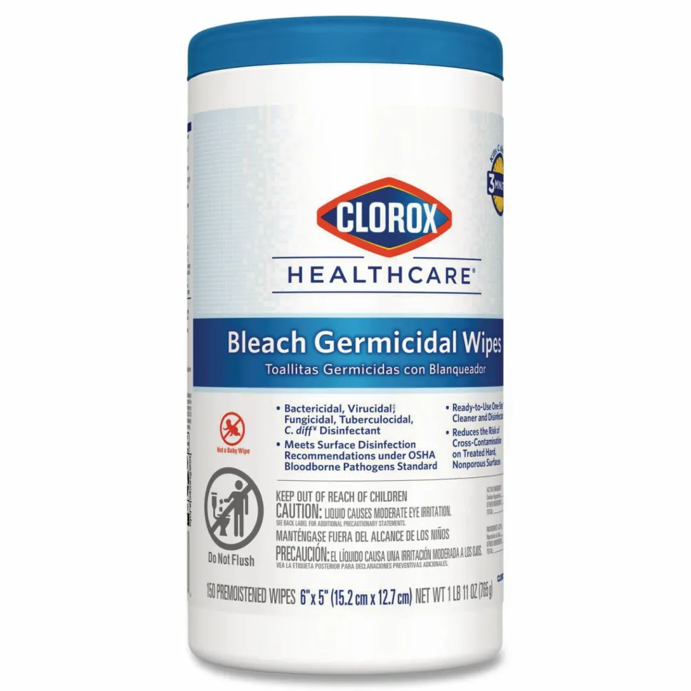 Clorox Healthcare Bleach Germicidal Wipes, 150 Wipes Per Canister, Case Of 6 Canisters