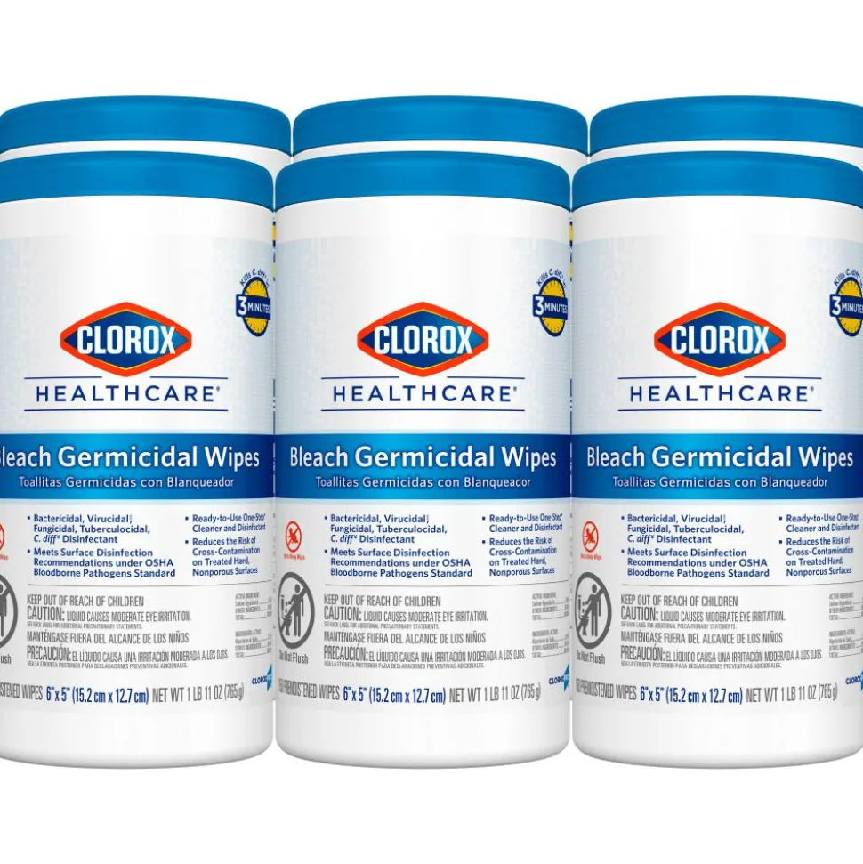 Clorox Healthcare Bleach Germicidal Wipes, 150 Wipes Per Canister, Case Of 6 Canisters
