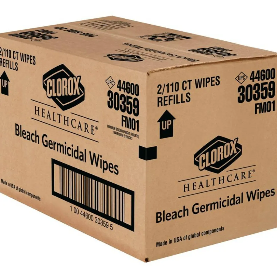 Clorox Healthcare Bleach Germicidal Wipes, 12" x 12", White, 110 Wipes Per Pack, Case Of 2 Packs