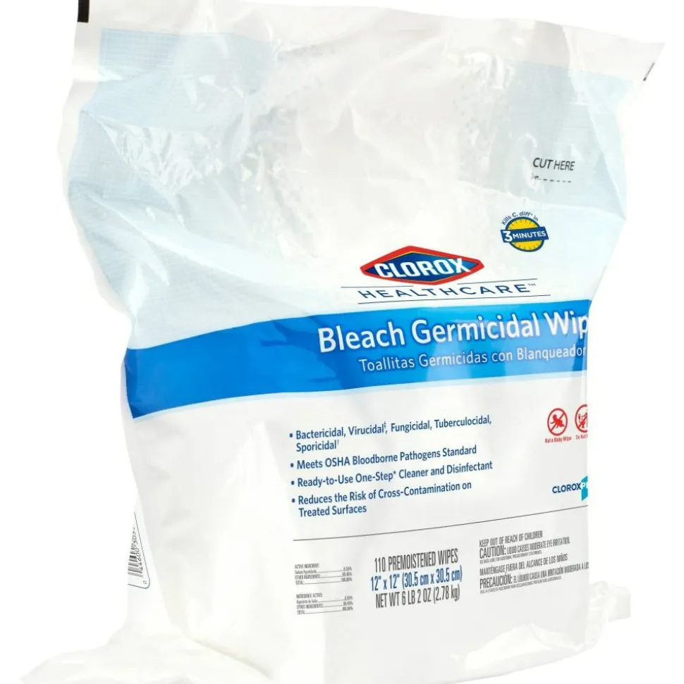 Clorox Healthcare Bleach Germicidal Wipes, 12" x 12", White, 110 Wipes Per Pack, Case Of 2 Packs