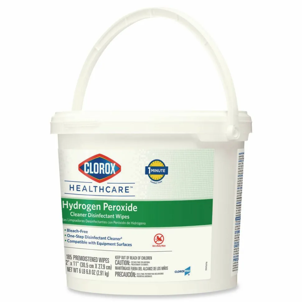 Clorox Healthcare Hydrogen Peroxide Cleaner Disinfectant Wipes, 12 x 11, Unscented, White, 185/Bucket, 2 Buckets/Carton