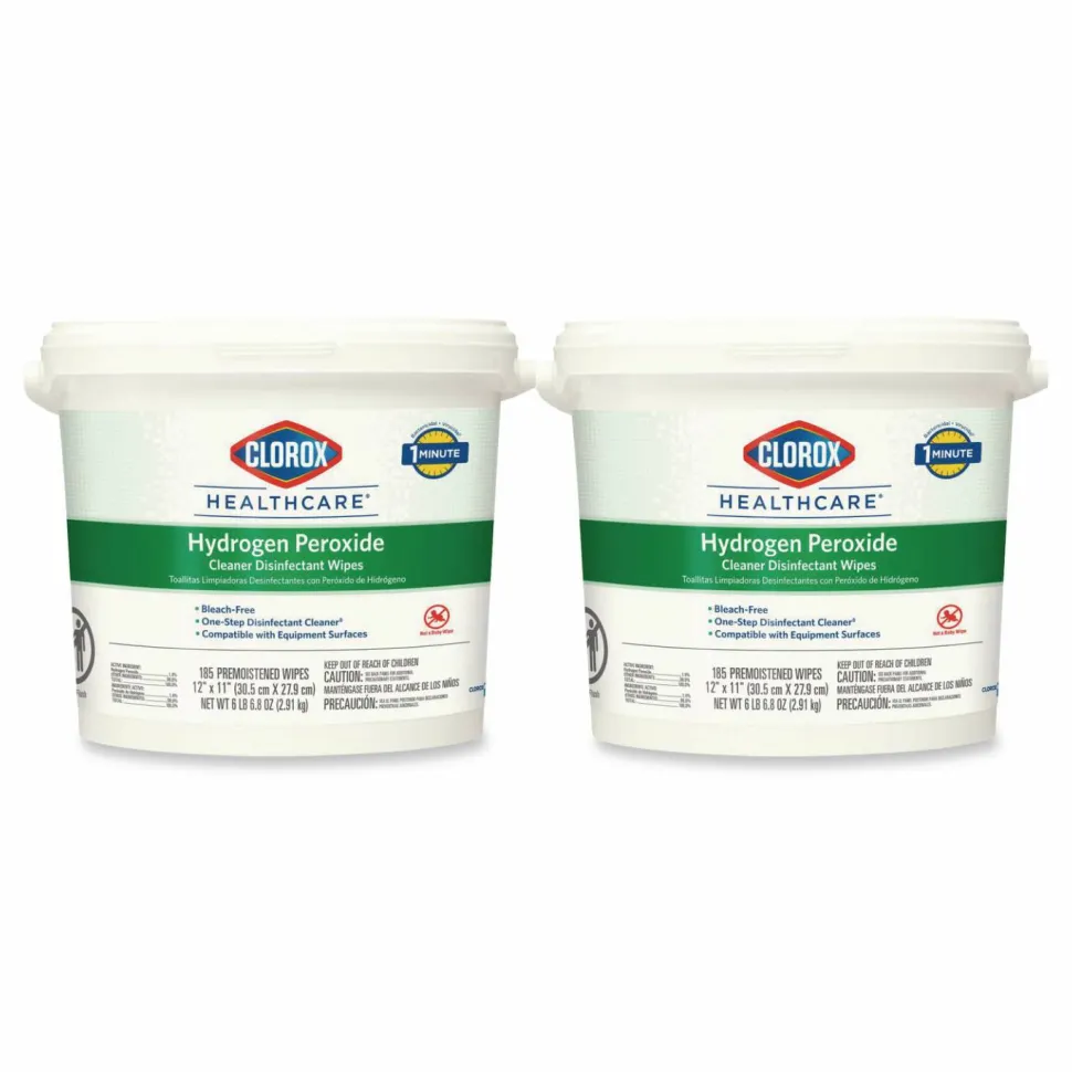 Clorox Healthcare Hydrogen Peroxide Cleaner Disinfectant Wipes, 12 x 11, Unscented, White, 185/Bucket, 2 Buckets/Carton