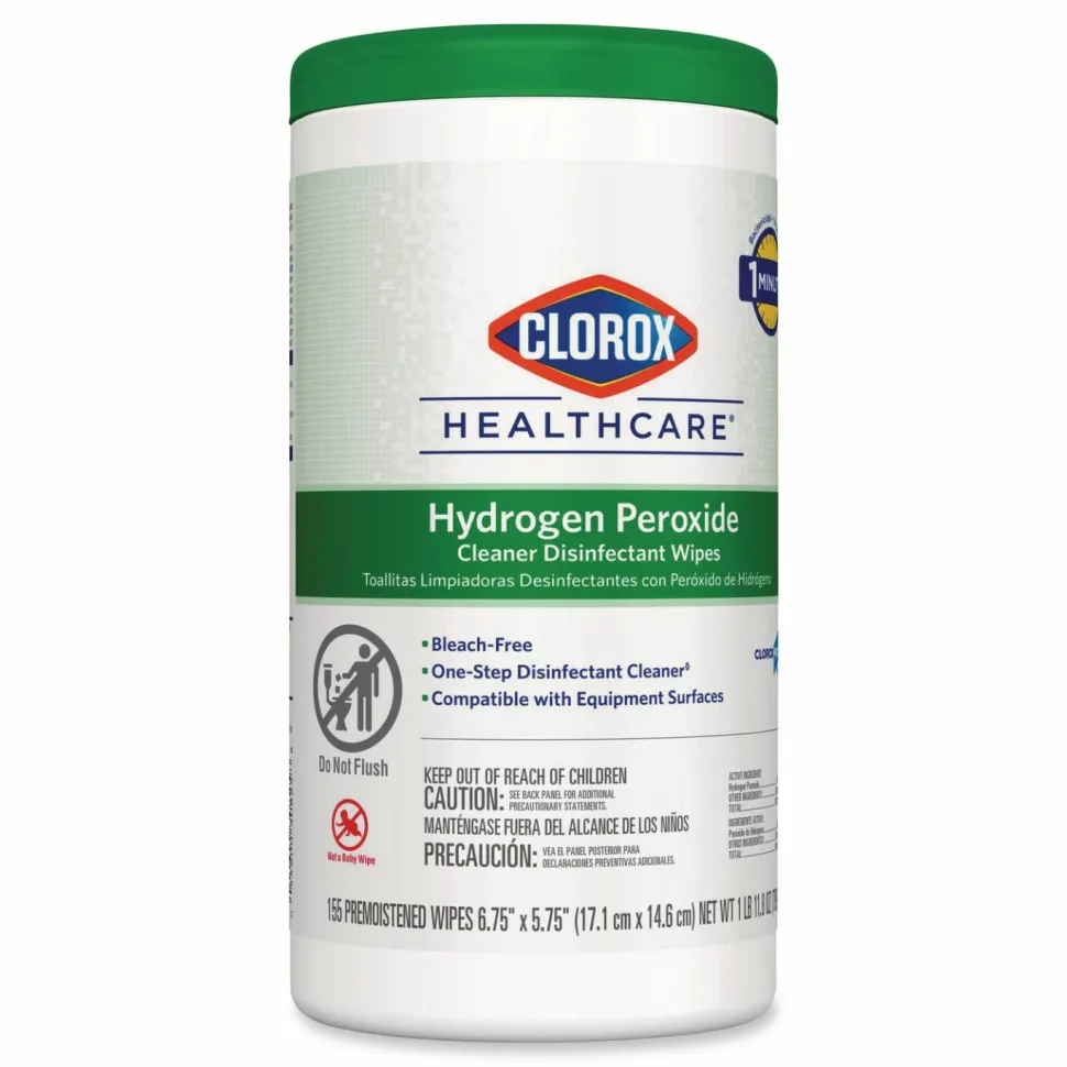 Clorox Healthcare Hydrogen Peroxide Cleaner Disinfectant Wipes, 5.75 x 6.75, Unscented, White, 155/Canister, 6 Canisters/Carton