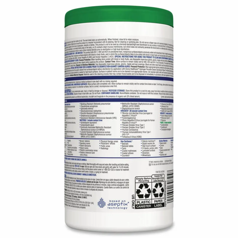 Clorox Healthcare Hydrogen Peroxide Cleaner Disinfectant Wipes, 5.75 x 6.75, Unscented, White, 155/Canister, 6 Canisters/Carton