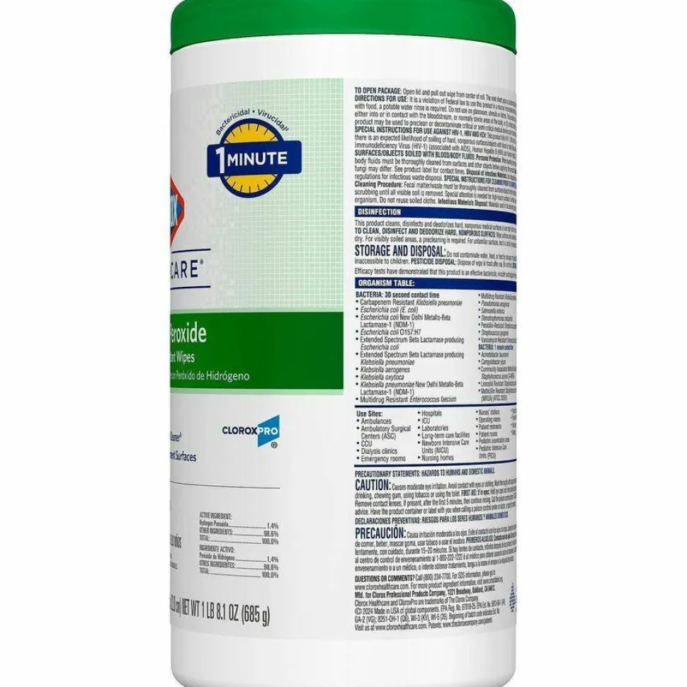 Clorox Healthcare Hydrogen Peroxide Disinfecting Wipes, 9" x 6 3/4", Canister Of 95 Wipes