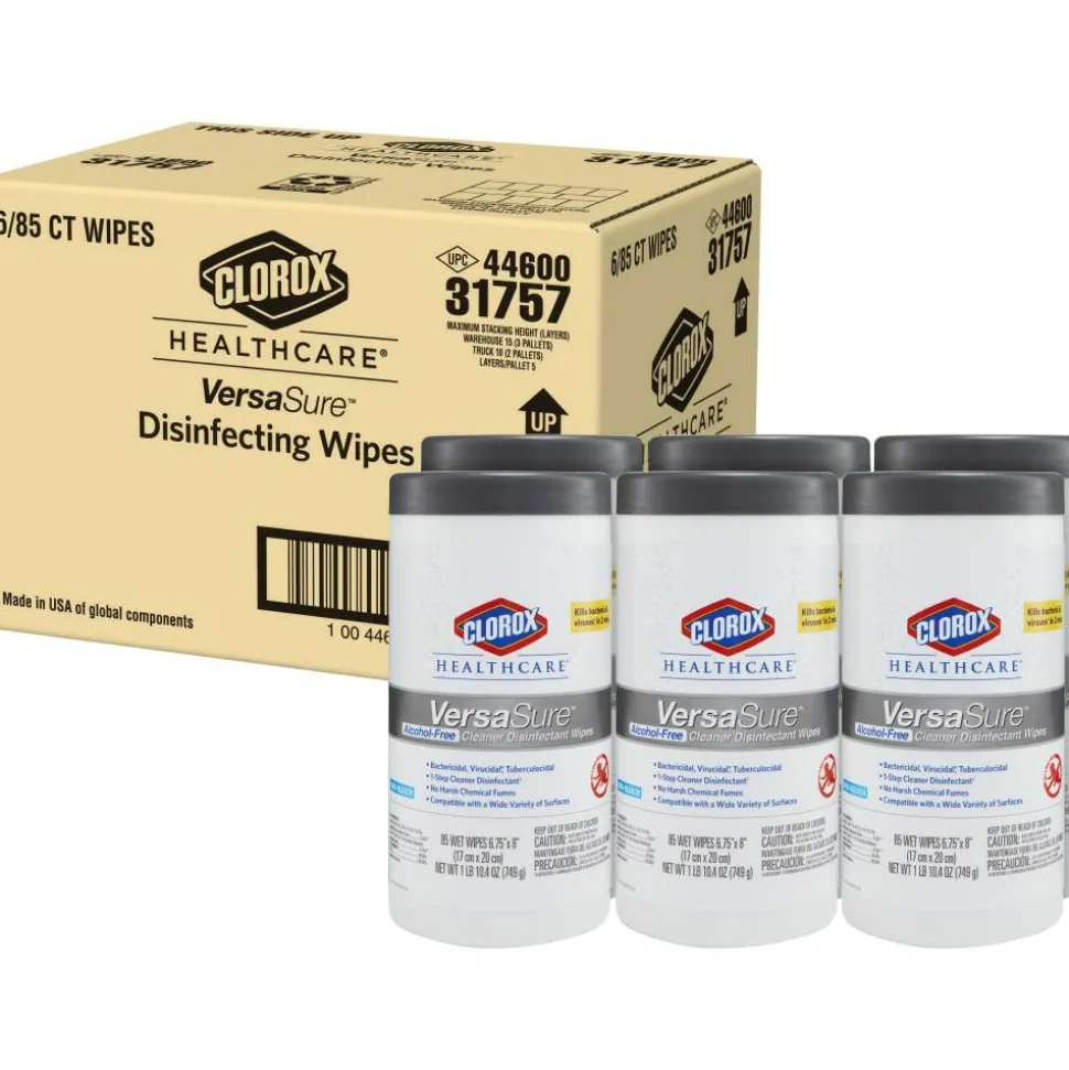 Clorox Healthcare VersaSure Cleaner Disinfectant Wipes, 6-3/4" x 8", 85 Wipes Per Canister, Carton Of 6 Canisters
