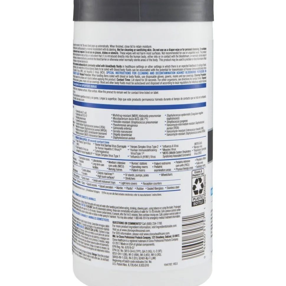 Clorox Healthcare VersaSure Cleaner Disinfectant Wipes, 6-3/4" x 8", 85 Wipes Per Canister, Carton Of 6 Canisters