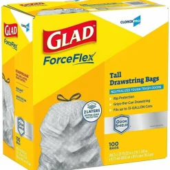 CloroxPro Glad ForceFlex Tall Kitchen Drawstring Trash Bags, 0.9 mil, 13 Gallon, Grey, Box Of 100