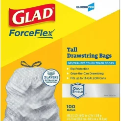 CloroxPro Glad ForceFlex Tall Kitchen Drawstring Trash Bags, 0.9 mil, 13 Gallon, Grey, Box Of 100