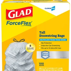 CloroxPro Glad ForceFlex Tall Kitchen Drawstring Trash Bags, 0.9 mil, 13 Gallon, Grey, Box Of 100