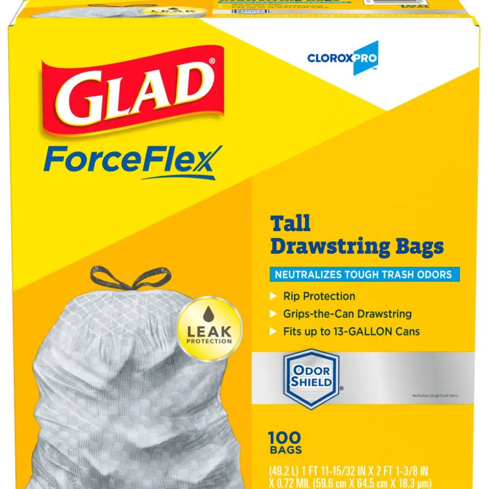 CloroxPro Glad ForceFlex Tall Kitchen Drawstring Trash Bags, 0.9 mil, 13 Gallon, Grey, Box Of 100