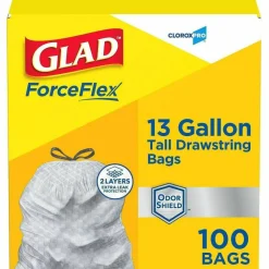 CloroxPro Glad ForceFlex Tall Kitchen Drawstring Trash Bags, 0.9 mil, 13 Gallon, Grey, Box Of 100