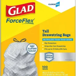 CloroxPro Glad ForceFlex Tall Kitchen Drawstring Trash Bags, 0.9 mil, 13 Gallon, Grey, Box Of 100