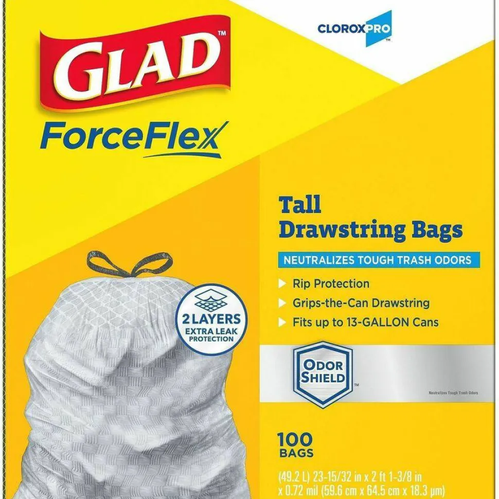 CloroxPro Glad ForceFlex Tall Kitchen Drawstring Trash Bags, 0.9 mil, 13 Gallon, Grey, Box Of 100