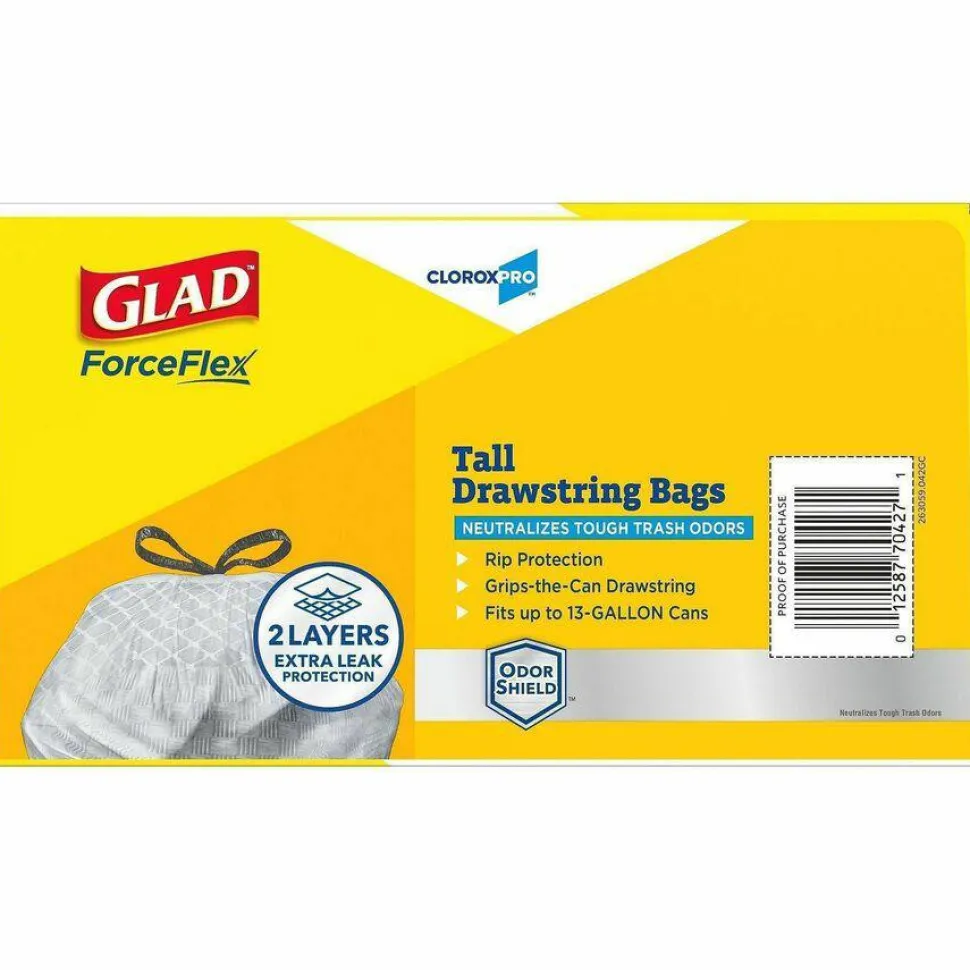 CloroxPro Glad ForceFlex Tall Kitchen Drawstring Trash Bags, 0.9 mil, 13 Gallon, Grey, Box Of 100
